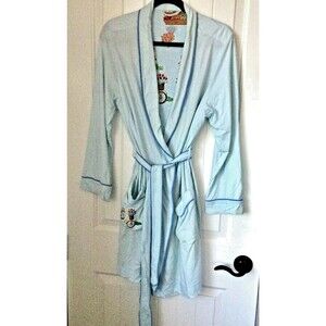 NICK & NORA Bathrobe Small Med Light Blue Belted Garden Flower Bicycle Tie